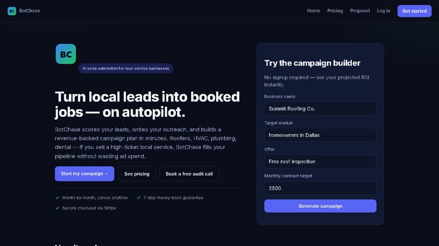 BotChase landing page pitching AI sales automation for local service businesses
