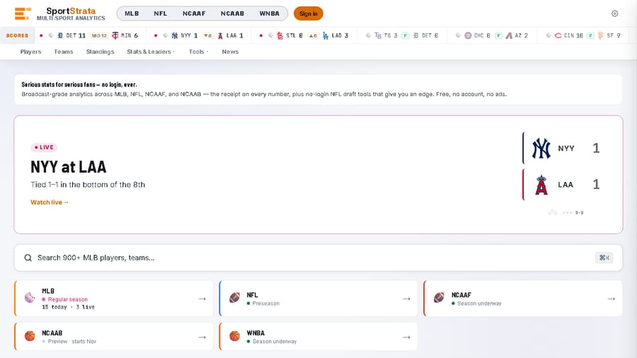 SportStrata dashboard showing a live MLB scorecard and league navigation