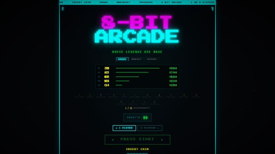 ZRetroBuild retro arcade screen showing the Snake high-score table in a CRT cabinet